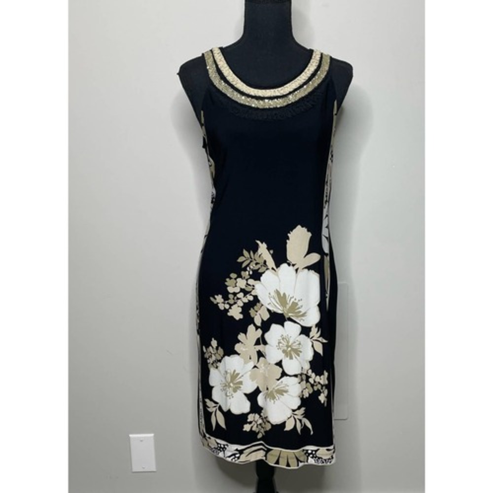 Sandra Darren Black Floral Sheath Dress Gold Sequin Embellished Wedding Guest 8 - Picture 2 of 13